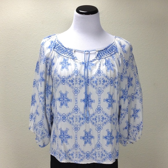 blue and white peasant top